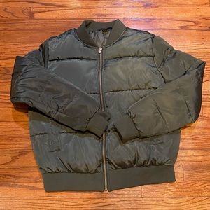 Olive green bomber style puffer jacket